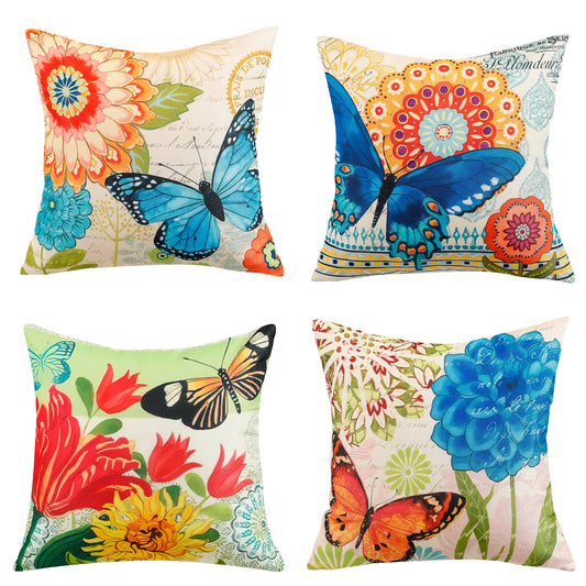 Colourful Flower and Butterfly Print Waterproof Cushion Cover  - Design 1 (Set of 4 - 45x45cm)-0