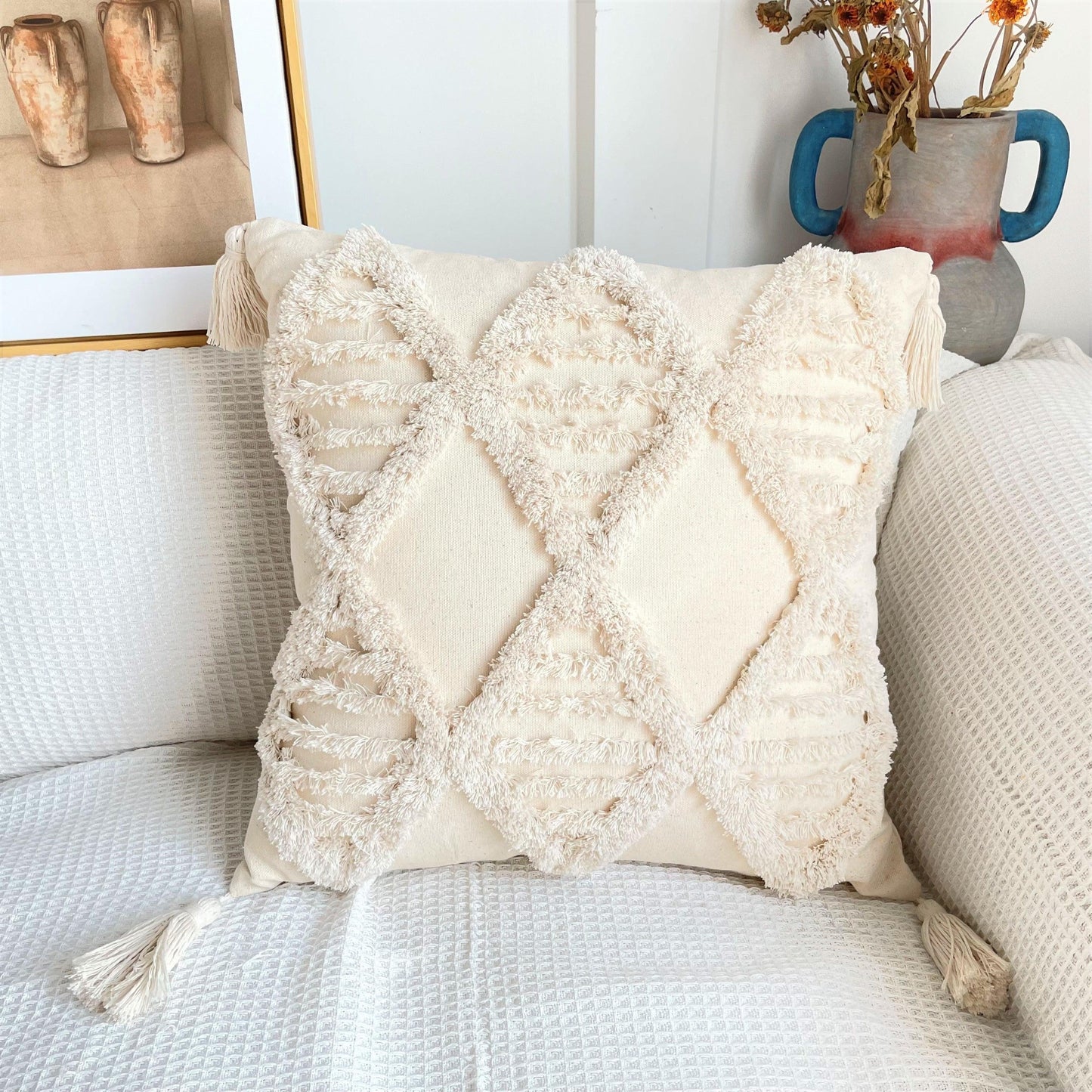 Boho Cotton Cushion Cover with Tassels | Tufted Design - 45x45cm Home Decoration-6