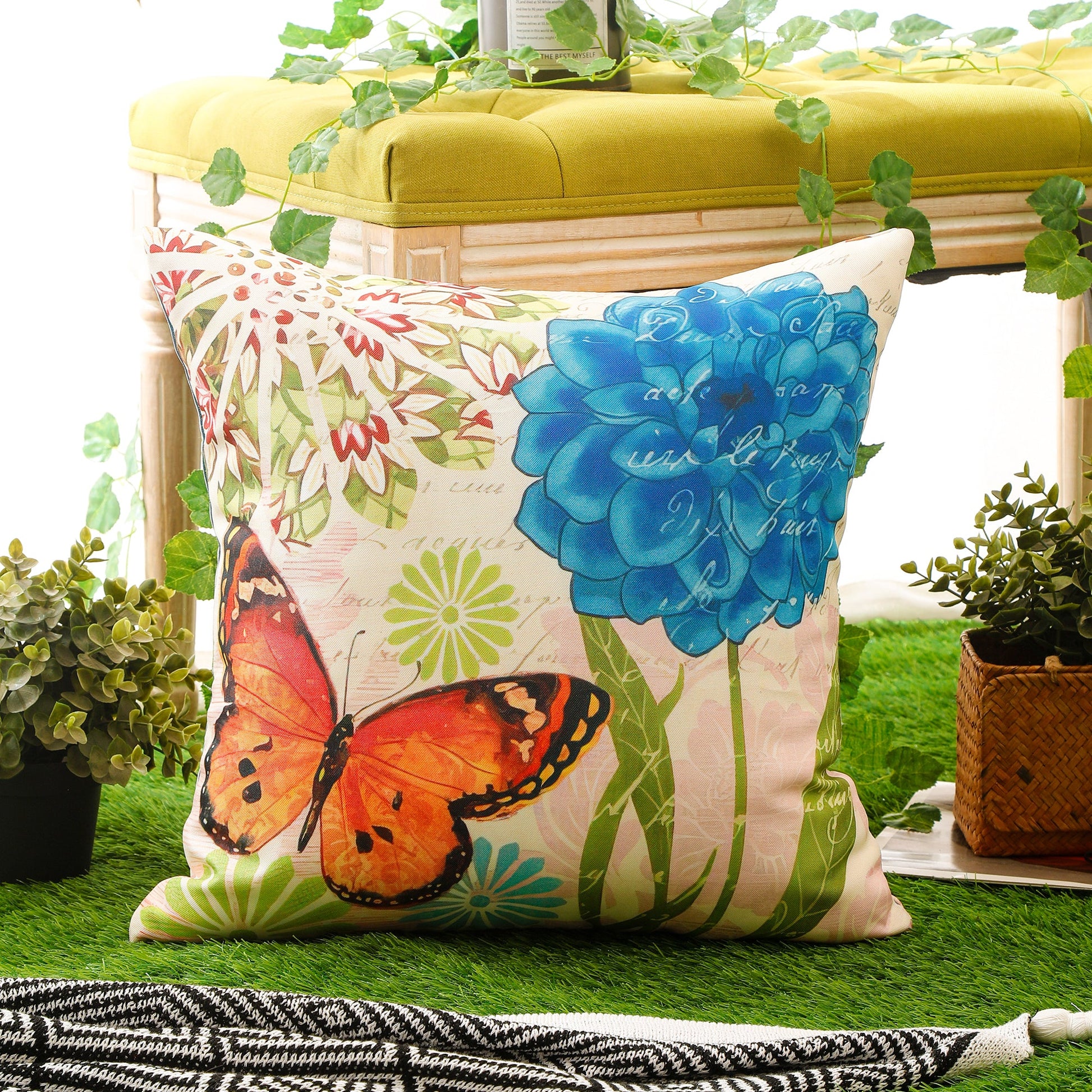 Colourful Flower and Butterfly Print Waterproof Cushion Cover  - Design 1 (Set of 4 - 45x45cm)-2