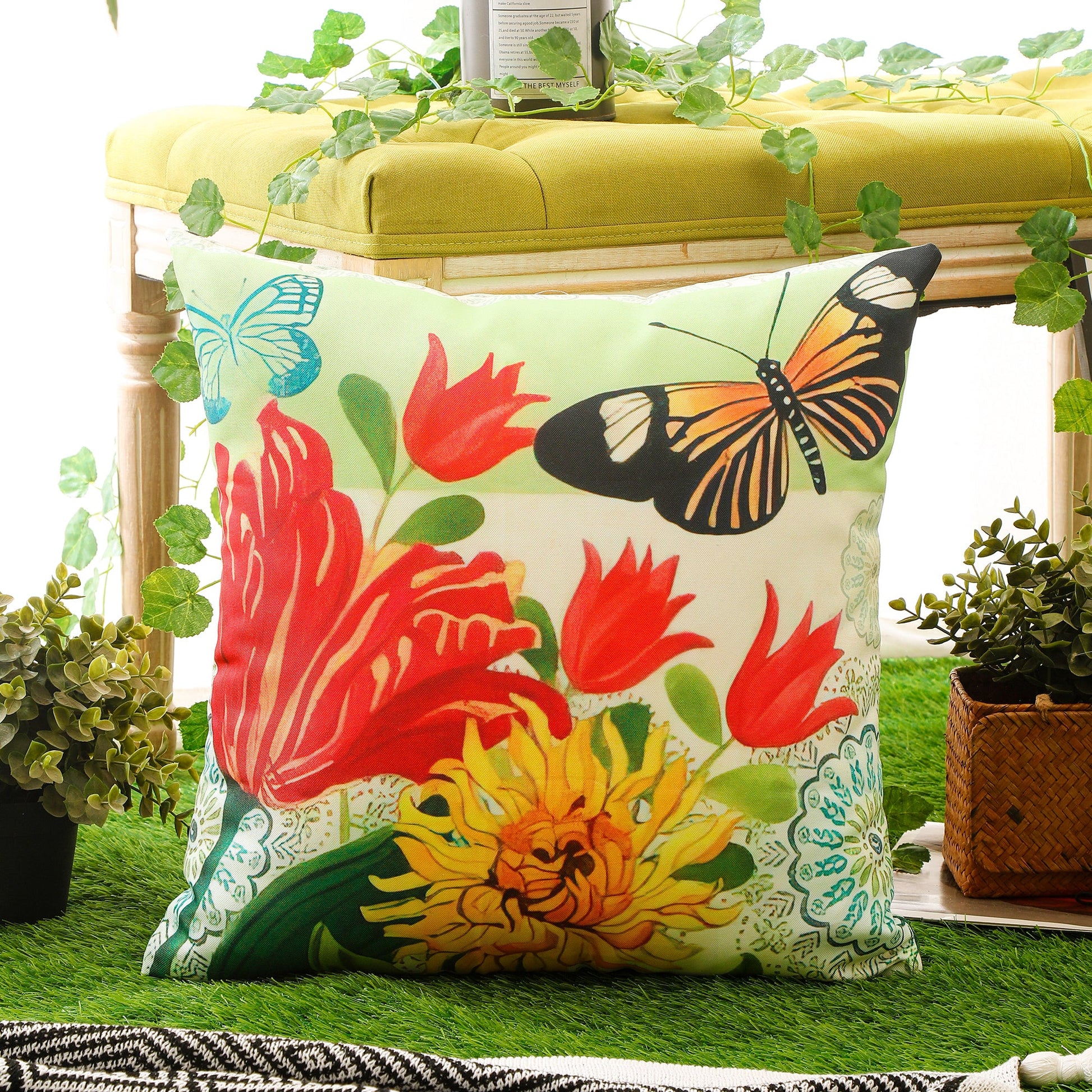 Colourful Flower and Butterfly Print Waterproof Cushion Cover  - Design 1 (Set of 4 - 45x45cm)-4