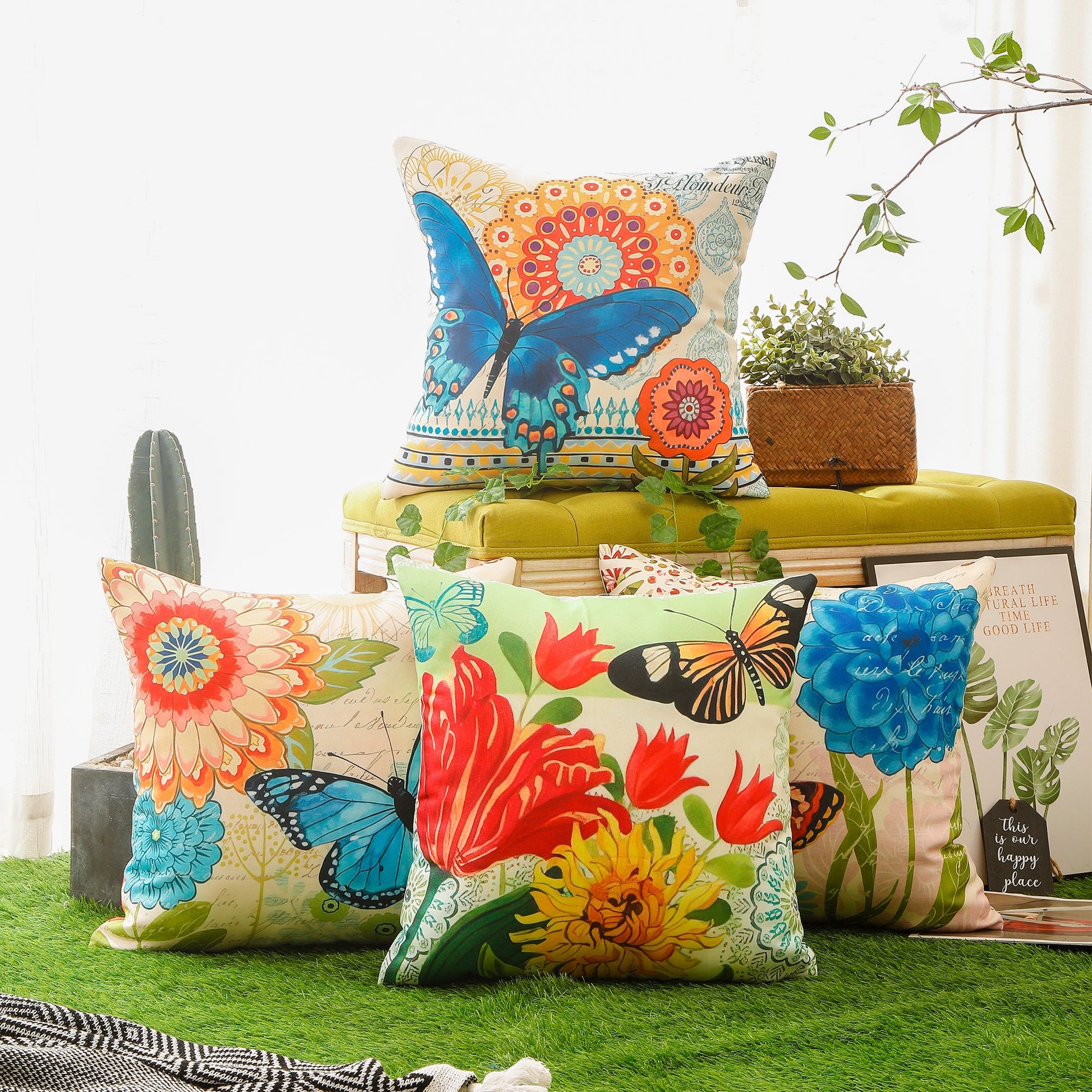 Colourful Flower and Butterfly Print Waterproof Cushion Cover  - Design 1 (Set of 4 - 45x45cm)-1